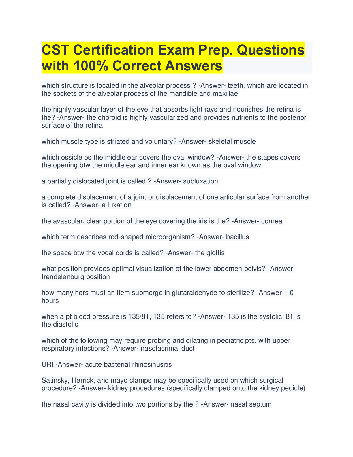 Preview image for CST Certification Exam Prep. Questions with 100% Correct Answers